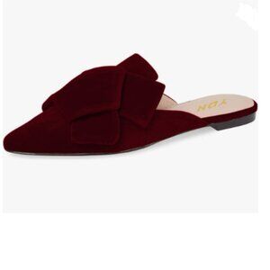 YDN Dark Red Block Low Heel Pointed Toe Mules Slip on Comfort Sandals Bow Shoe